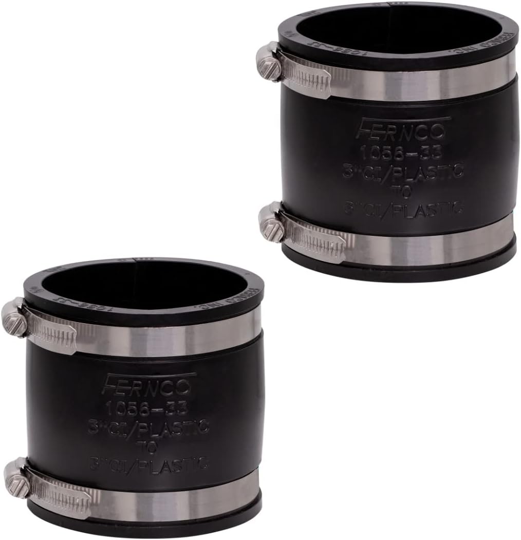 Fernco 1056-33 3 in Flexible Coupling, Unshielded DWV Pipe Connector for PVC, ABS, Cast Iron & Steel, Slip-On Repair Coupler w/Stainless Bands, 2-Pack