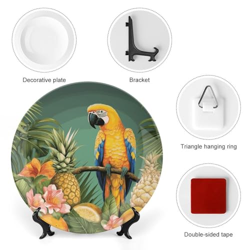 Plato decorativo de cerámica estampado piña y loro de porcelana 4