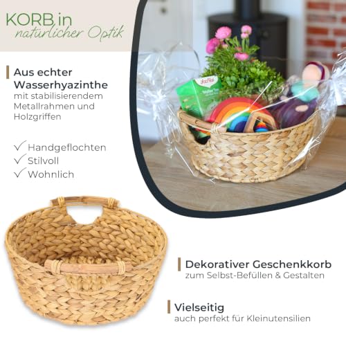 HMF Aufbewahrungskorb rund, Geschenkkorb leer geflochten aus Wasserhyazinthe mit Holzgriffen, 30 x 12 cm, Naturfarben – Bild 2