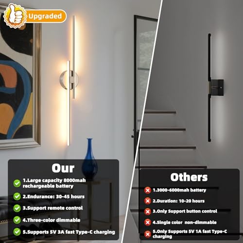 Image of Battery Operated Wall Sconce set of 2, USB Rechargeable Wireless Sconces with Remote Control, LED Dimming Wall Lamp 3 Color /Timer /Memory, 31.4 inch Brushed Nickel Wall Lights for Bedroom Living Room
