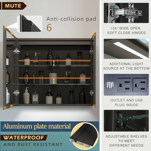 KWW 75 x 70 cm Double Doors LED Lighted Bathroom Medicine Cabinet with Mirror, Defogger, Dimmer, 3 Color Light Makeup Mirror, Outlets & USBs, Easy to Install, Wall Mounted Medicine Cabinet - Image 4