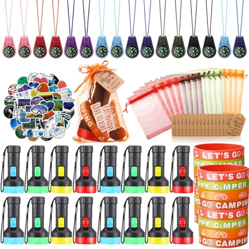 Fumete 130 Pcs Camping Party Favors Happy Camper Party with Silicone Bracelets, Mini Compass, Mini Flashlight Keychains, Stickers, Bag and Tag Adventure Friend Birthday (Classic Style)