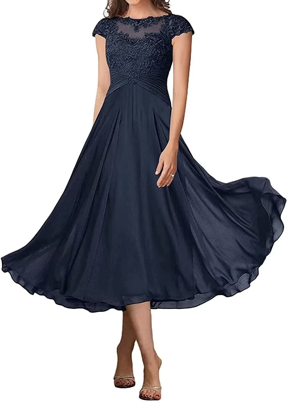 Women's Lace Appliques Mother of The Bride Dresses for Wedding Women's Cap Sleeves Tea Length Formal Evening Prom Dress