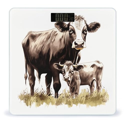 Balanza de baño digital con diseño de vaca y vidrio templado miniatura 1