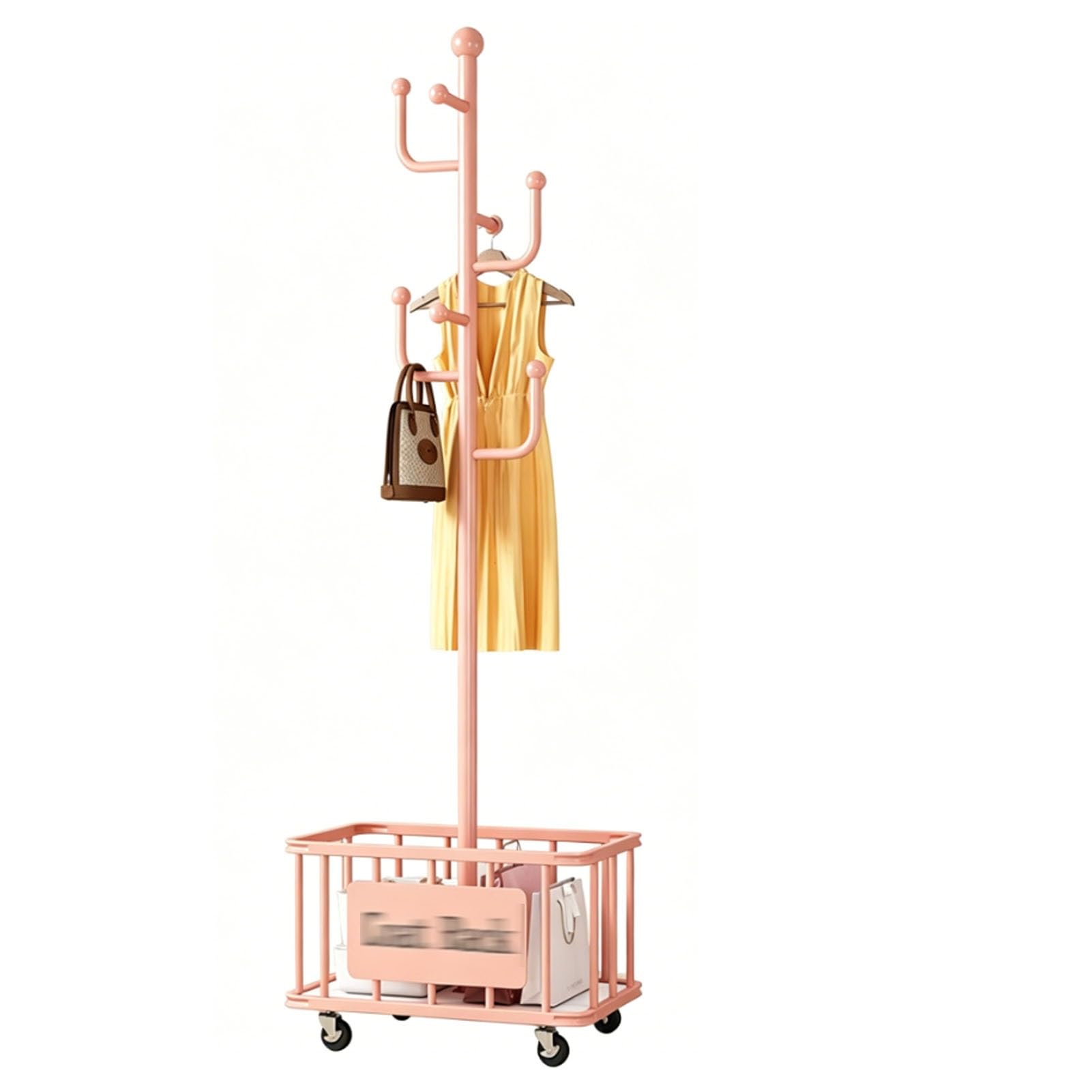 YAOHY Metal Clothing Rack with Wheels, Freestanding Rolling Coat Rack With Hanging Rod And Storage Basket, for Bedroom, Closet, Living Room, Entryway(Pink,Style2)