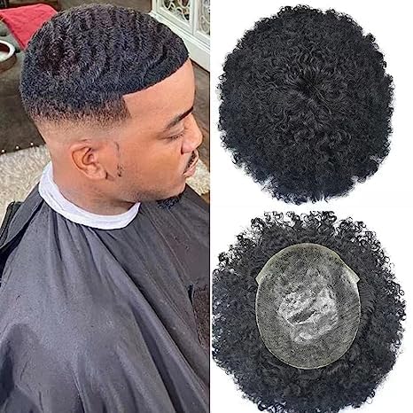 Hair Wonders Hair Units For Black Men Full Poly Skin Afro Toupee Black Men Brazilian Hair Systems Kinky Curly Hair African American Men Human Hairpiece 8mm #1B Off Black120% Density