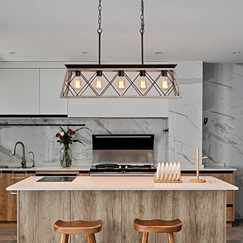 Q&S P2006-5OAK Dining Room Chandelier Light Fixtures,Farmhouse Rustic Vintage Antique Linear Chandeliers Pendant Ceiling Light Fixture For Kitchen Island Bar Office Coffee Shop 5-Lights Oak And Orb Ul Listed thumb #6