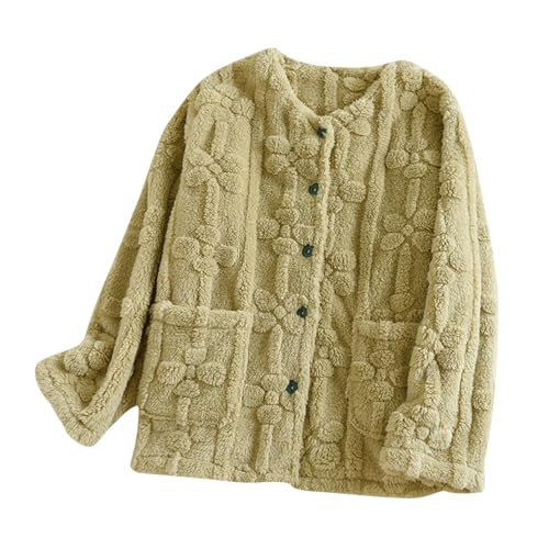 Oplxuo Fuzzy Pajamas Tops Women Cute Flower Warm Fleece Long Sleeve Jackets Button Down Sleepwear Winter Coats with Pockets