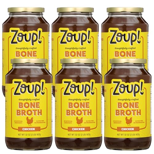Image of Chicken Bone Broth by Zoup! Keto-Friendly, Gluten Free, Fat Free, Non-GMO Clear Bone Broth - Great for Stock, Bouillon, Soup Base or in Gravy - 6-Pack (32 oz)