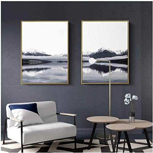 Peinture minimaliste montagne et lac tableau noir et blanc pour décor épuré