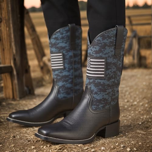 Image of YXCFEWD Square Toe Cowboy Boots for Men Slip Resistant Work Boots Chunky Heel Fashionable Retro Men's Western Boot