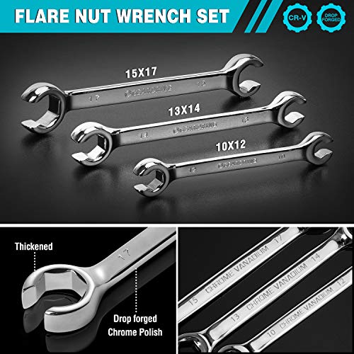 GEARDRIVE Flare Nut Wrench Set, Metric, 3-piece, 10-17mm, Chrome Vanadium Steel, Organizer Pouch Included