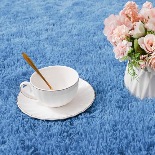 Blue Round Rugs for Bedroom 4x4 ft - Ultra Soft Faux Fur Area Rug - Plush Non-Slip Shaggy Carpet for Living Room, Cozy Fluffy Rug for Kids Boys Girls Dorm Nursery Room, High Pile Floor Carpet