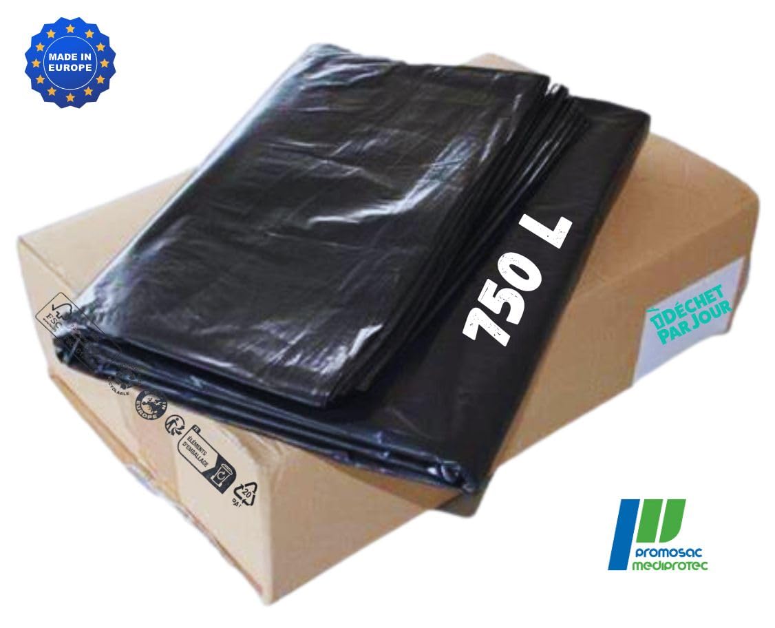 SANY GIENE | Borsa della spazzatura 750 L | Custodia protettiva contenitore della spazzatura 750 litri | Cartone 25 sacchetti | Nero opaco | Gamma professionale | Spessore 35 µ | Anti perdite e anti