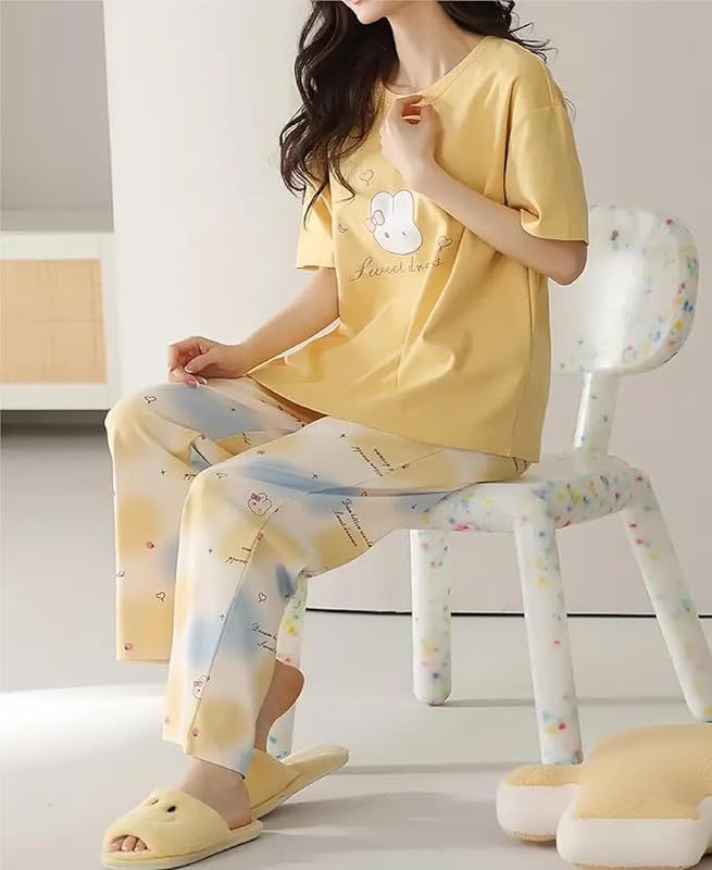 Image of Women's Pajama Set with Top & Pants|| Korean Night Wear|| Loose Fit Home Wear || Lightweight Printed Set || Soft & Comfy Girls & Women