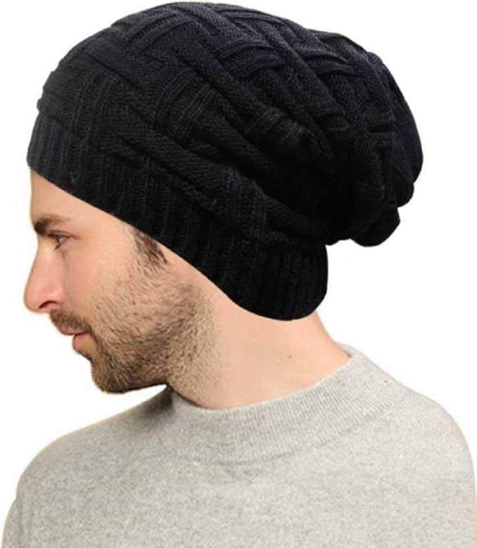MIK Men's Winter Woolen Beanie Cap with Fur Inside Slouchy Black Color (Pack of 1)-picture-25