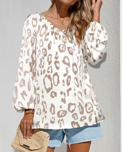 Zenlonr Womens Fall Tops Dressy Casual 2025 V Neck Satin Silk Printed Shirts Boho Long Sleeve Work Blouses(Print Apricot,Large) — view 3