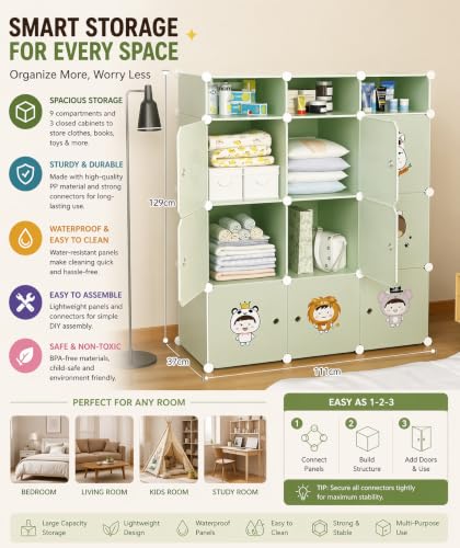 Image of Mevigo Foldable Plastic Wardrobe for Clothes - 9+3 Door Baby Cupboard for Clothes Storage, Wardrobe for Kids, Plastic Almirah, Collapsible Wardrobe for Kids Livingroom & Home -Green-D5