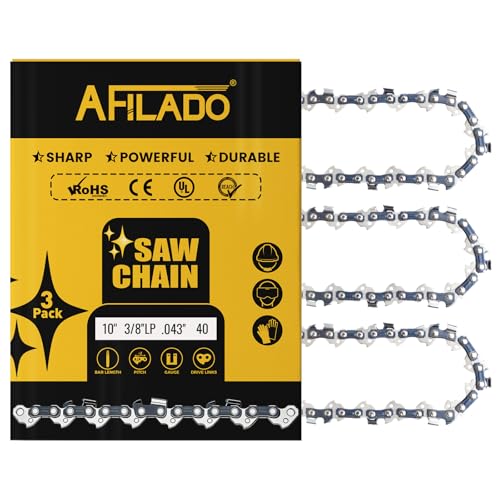 3 Pack 10 Inch Semi-Chisel Chainsaw Chain, 3/8"LP Pitch .043" Gauge 40 Drive Links Replacement Saw Chain Compatible with Husqvarna Craftsman Poulan Greenworks