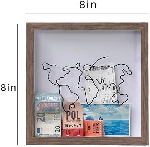 Travel Memory Box, Keepsake Shadow Box, Ticket Shadow Box with Slot, Keepsakes, Ticket Holder with World Map and Plane Design, Theatre Gifts ( Color : Brown , Size : 8 inches )