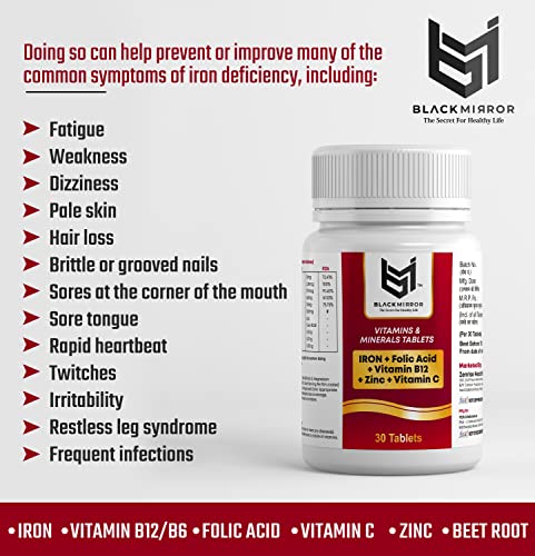 Image of BLACK MIRROR IRON B12 FOLIC ACID VIT C FOR HEALTHY BLOOD ENERGY, STAMINA, IMMUNITY (Pack of 1, 30, count)