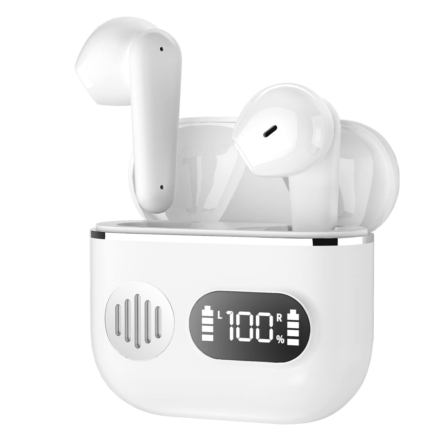 Wireless Earbuds, Bluetooth 5.3 In-Ear Earphones with LED Power Display Charging Case, Stereo Sound Headset with Mic, Bluetooth Cordless Headphones for Android iOS Cell Phone Sports Working-White