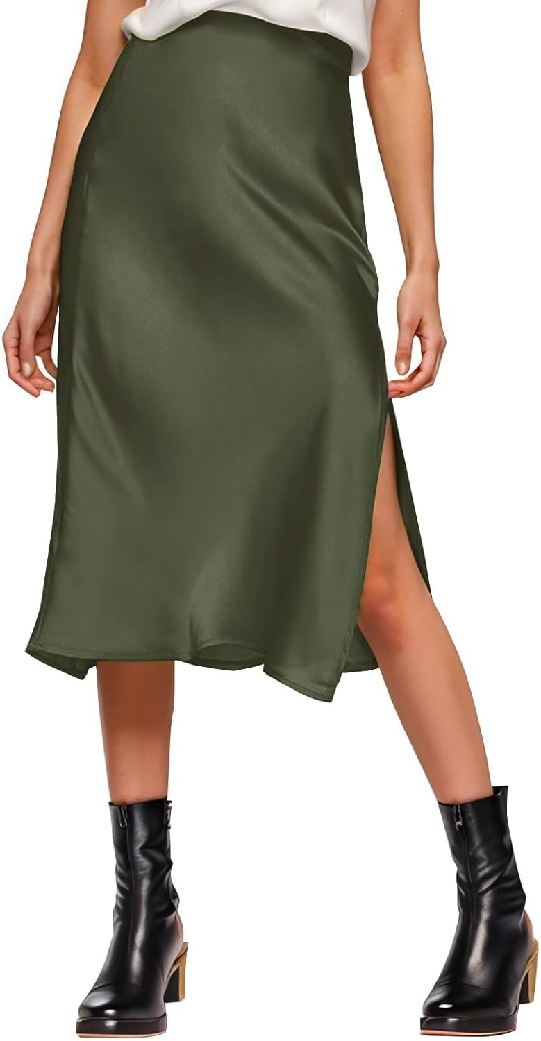 Womens Satin Silk High Waist Slit Midi Skirt Elastic Waistband Midi Skirts for Women