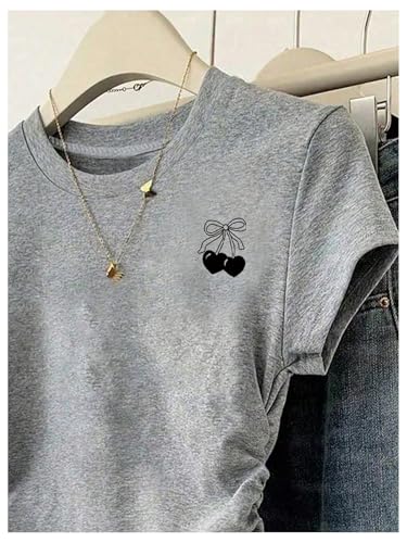 OYOANGLE Girl's Cherry Graphic Tees Cute Short Sleeve Crew Neck Side Ruched T Shirts3