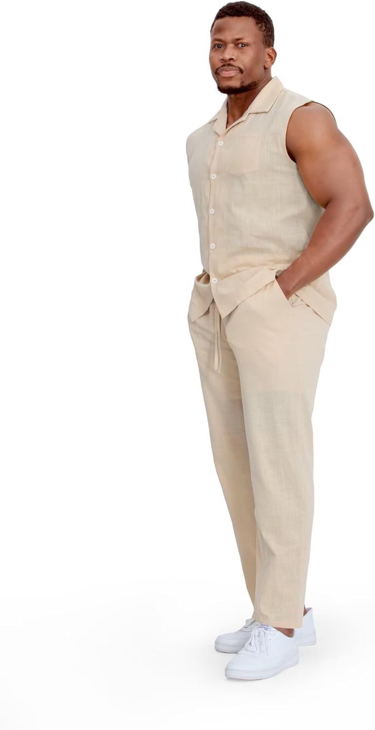 Mens Linen Sets 2 Piece Outfits Sleeveless Shirt and Pants Set Vacation Outfit for Men Summer Beach Suits - Image 6