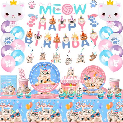 Fournitures de Décorations de Fête de Chat, Decoration Anniversaire Cat- Assiette Anniversaire Tasses Serviettes Nappe Bannière Ballon etc Deco D'anniversaire Thème Chat, pour 16 Invités