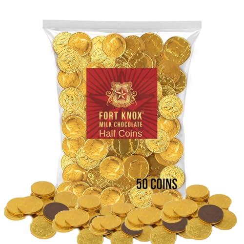 Holiday Gold Half Dollar Chocolate Coins. Milk Chocolate Coins for Birthdays, Christmas, Halloween or any ocasion. Half Dollar Gold Foil Coins, Pieces Individually Wrapped 12oz - (50 pack)