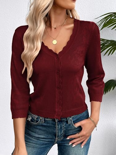 Image of Women Crop Cardigan Sweaters Lightweight 3 /4 Sleeve Button Up Crochet Shrug | Textured Bolero For Dresses Dressy Casual, V Neck, Ladies Eyelet Shawl Thin Trendy