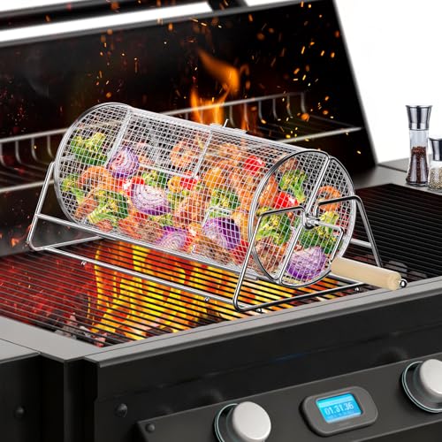 Rotatable Rolling Grill Baskets 304 Stainless Steel Even Cooking Nesting Grilling Net BBQ Accessories Tools for Vegetables Shrimp Outdoor Camping Gifts for Birthday/Men/Dad/Husband