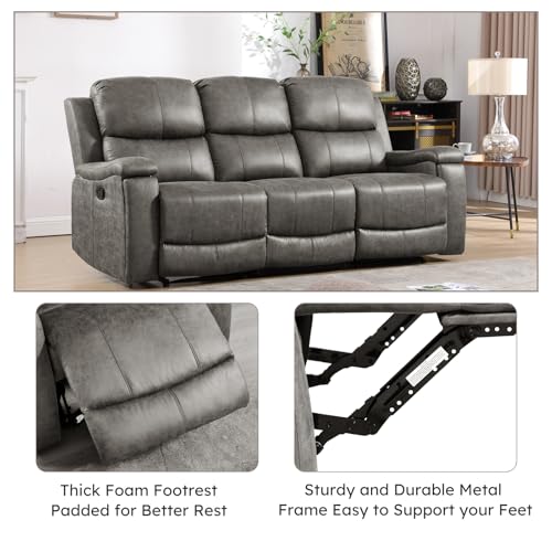 Image of CANMOV Faux Leather Manual Reclining Sofa,3 Seat Recliner Couch Sofa with Overstuffed Arms and Back,Manual Recliner Sofa Set with Concealed Cup Holders for Living Room,Grey