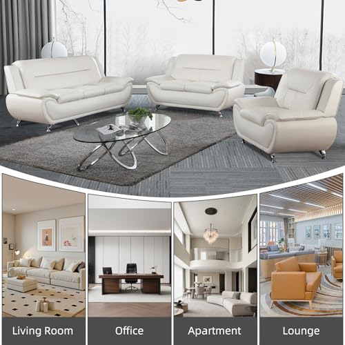 Image of Leather Sectional Sofa, Living Room Furniture Pieces, 3 - Piece Couch Set, Faux Leather Modern Couch Loveseat Chair Set with Sturdy Legs for Living Room /Bedroom /Office,White