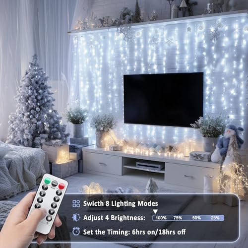 Image of JMEXSUSS 200 LED White Curtain Lights, USB Powered, 6.5ft x 6.5ft | White Christmas Lights with Remote, 8 Modes Hanging String Lights for Bedroom Wall Wedding Party Backdrop Window Decor