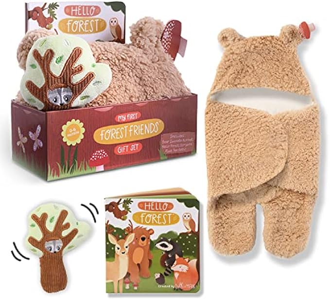 Tickle & Main Forest Friends 3-Piece Gift Set, for Infants 0-12 Months, Includes Storybook, Bear Swaddle Blanket and Plush Tree Rattle