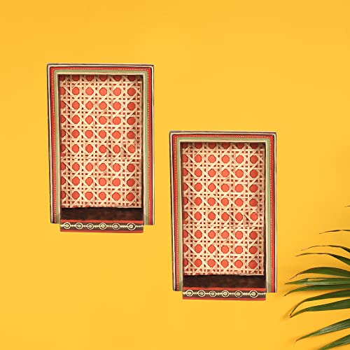Image of AAKRITI ART CREATIONS Handcrafted Cane Hanging Shelf for Home Decor | Wooden Shelves & Ceramic Wall Hanging Shelf Set of 2 | Matte Finish Decorative Shelves for Living Room, Bedroom & Gifting