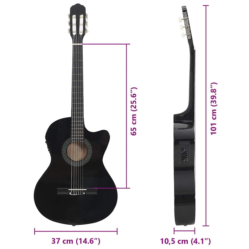 12-TLG. Western Gitarren-Set Schwarz mit 6 Saiten, 4-Band Equalizer, Gitarrentasche, Stimmgerät, Kapodaster, Gitarrengurt, Plektrum, Saitenkurbel für Gitarre Akustik Konzert Musik Unterricht