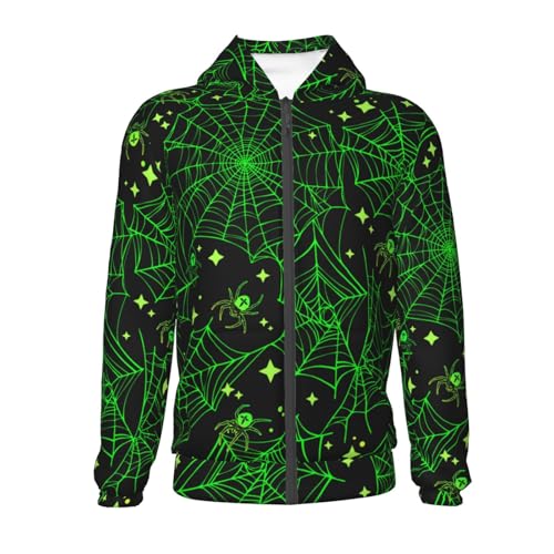 Green Bright Web with Spiders Kid Hoodies Boys Zip Up Sweatshirts Girls Pullover with Pocket2