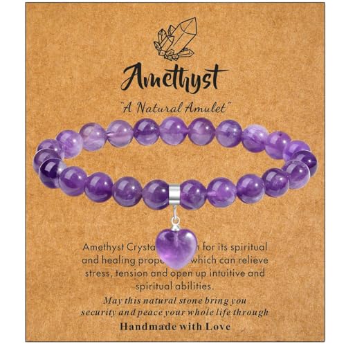 Natural Gemstone Beaded Bracelet for Women, 8 mm Crystal with Love Heart Charm, Healing Stone Jewelry Gift