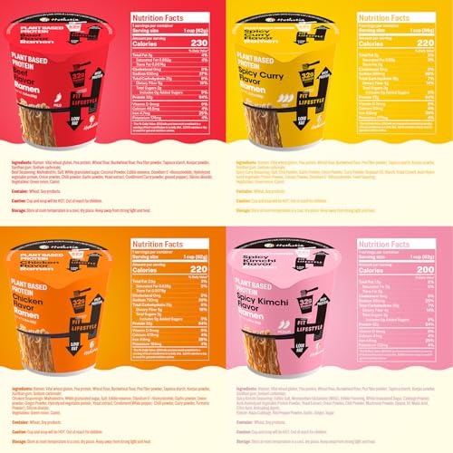Image of Hethstia High Protein Ramen Variety Pack, 6-Pack Instant Vegan Noodle Soup Cups - Chicken, Beef, Spicy Curry, Kimchi - 32g Plant Protein, Non-Fried, Low Fat, Healthy Quick Meal