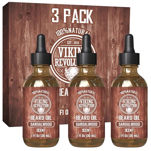 Viking Revolution - Beard Oil Conditioner - All Natural with Argan & Jojoba Oils - Softens & Strengthens Beards and Mustaches for Men (Sandalwood, 3 Pack)