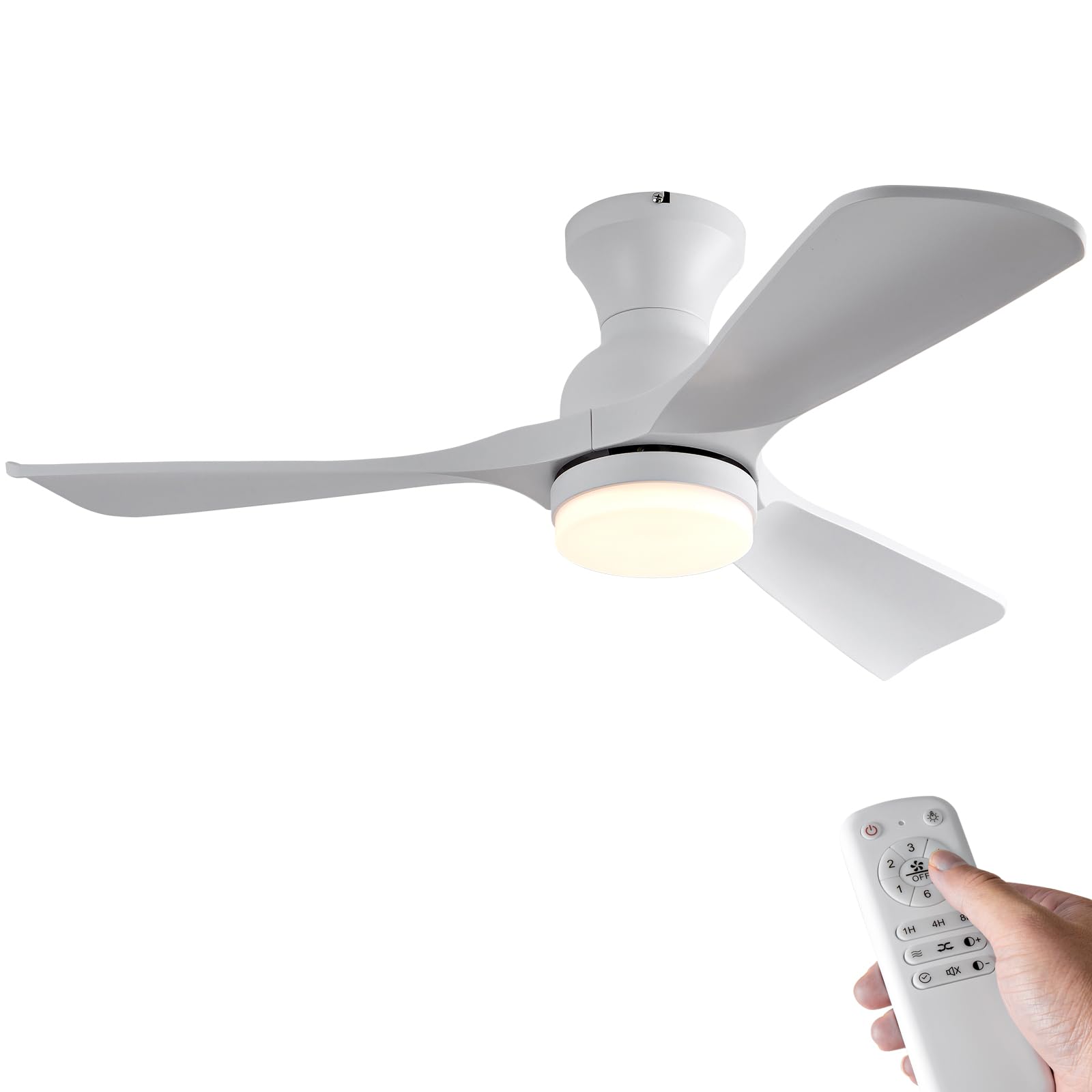 OMYU 42 inch Flush Mount Ceiling Fans with Lights, Dimmable, Low Profile Ceiling Fan with Light and Remote Control, Quiet Reversible DC Motor White