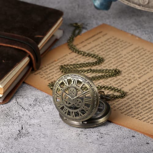 Image of MORFONG Hollow Gear Design Pocket Watch Quartz Pocket Watches for Men Women Birthday Christmas Gifts with Box & Chain