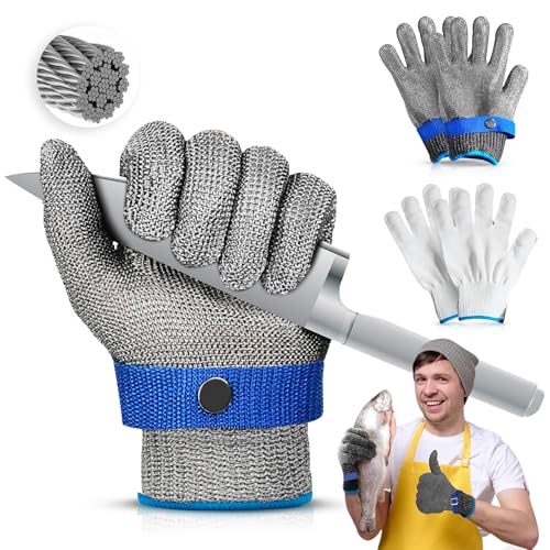 BGTWOO Par de Guantes Anticorte de Malla de Acero para Carnicero, Nivel 9 de Seguridad, Resistentes y Duraderos, Guantes para Cortar Jamón y Trabajos de Alto Riesgo, Protección Profesional