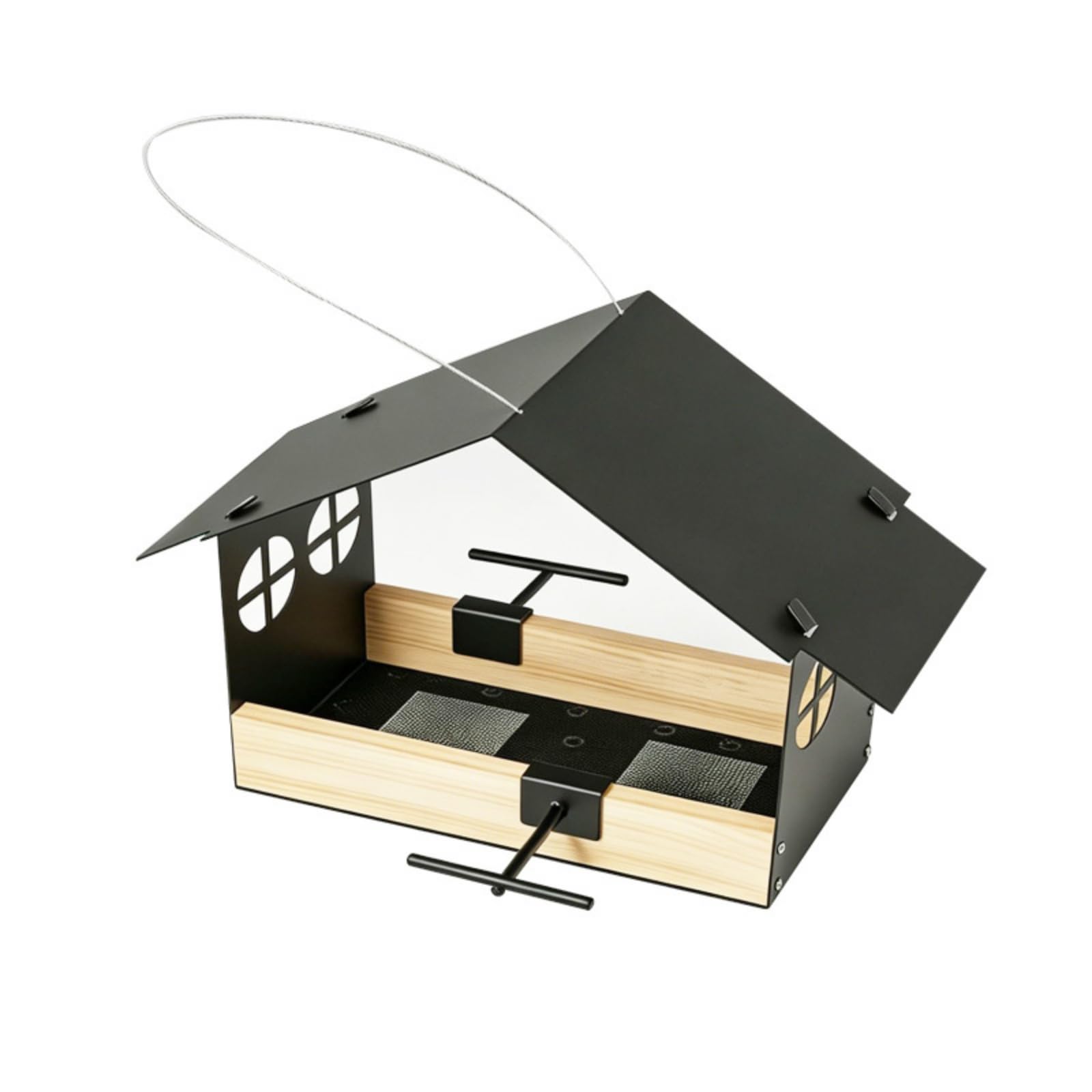 Mangiatoia a Forma di Casetta Sospesa Mangiatoia con Tetto a Spiovente Resistente Pioggia Accessorio da Giardino per Balcone, Nero