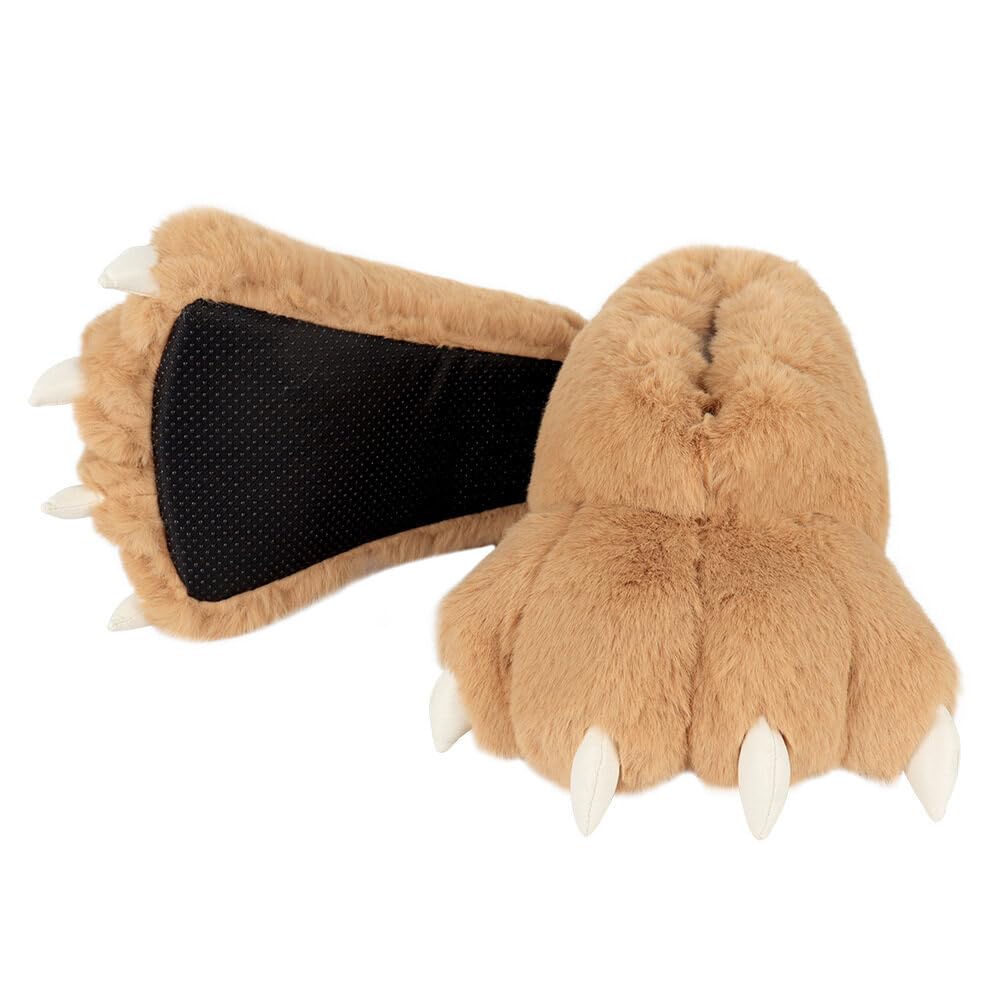 Animal Paw Slippers Plush Warm Home Closed Back Shoes Fluffy Funny Furry Bear Claw Anti Slip Slippers for Kids Boys Girls Adults Women Cosplay Holiday Indoor Winter (Camel)