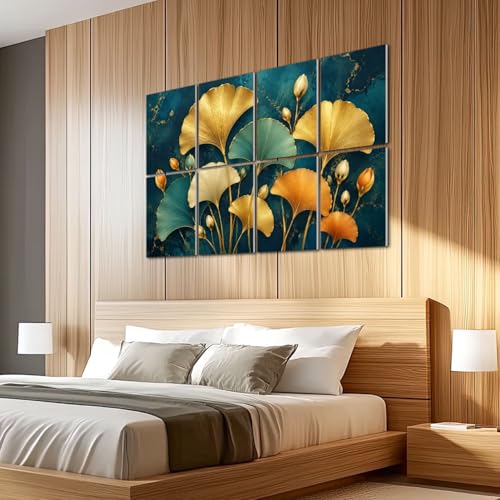 8 paneles acústicos artísticos absorbentes de sonido decorativos con diseño botánico elegante y hojas de ginkgo con acentos dorados, adhesivos, ideales para estudios de grabación y oficina, tamaño total 48"x32" miniatura 5