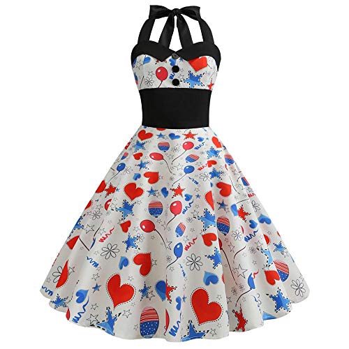 JUTREE Womens Hanging Neck Balloon Flag Printing Stitching Button Evening Party Charming Temperament Hepburn Dress(XL,Red)